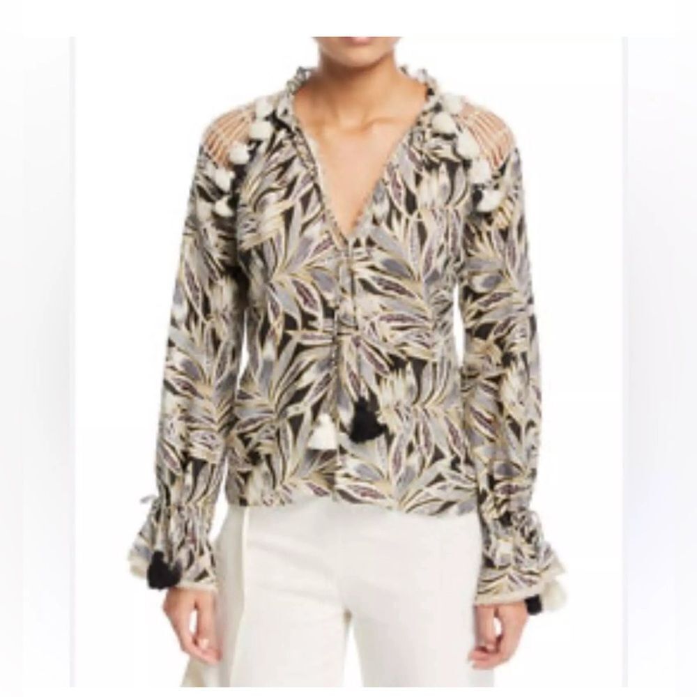 ALEXIS‎ Seila Split-Neck Long-Sleeve Palm-Print Top